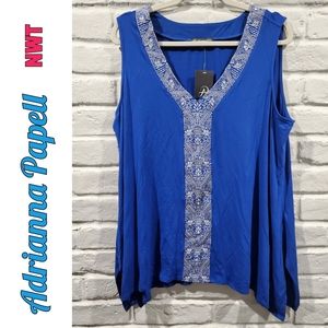 New with Tags! Adrianna Papell blue embroidered tank top, plus 2x kerchief hem